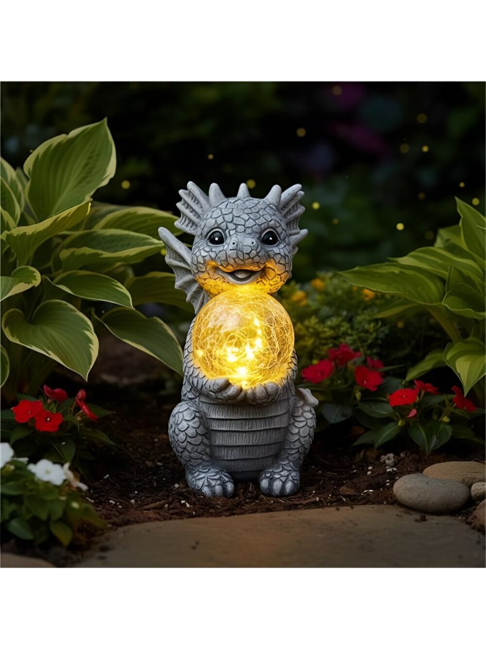 Solar Garden Decorations - Dragon Statue with Crackle Glass Ball Light - Garden